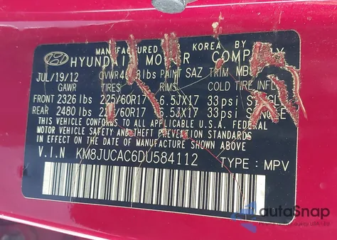 2013 Hyundai Tucson Gls из США, поврежденный, VIN KM8JUCAC6DU584112